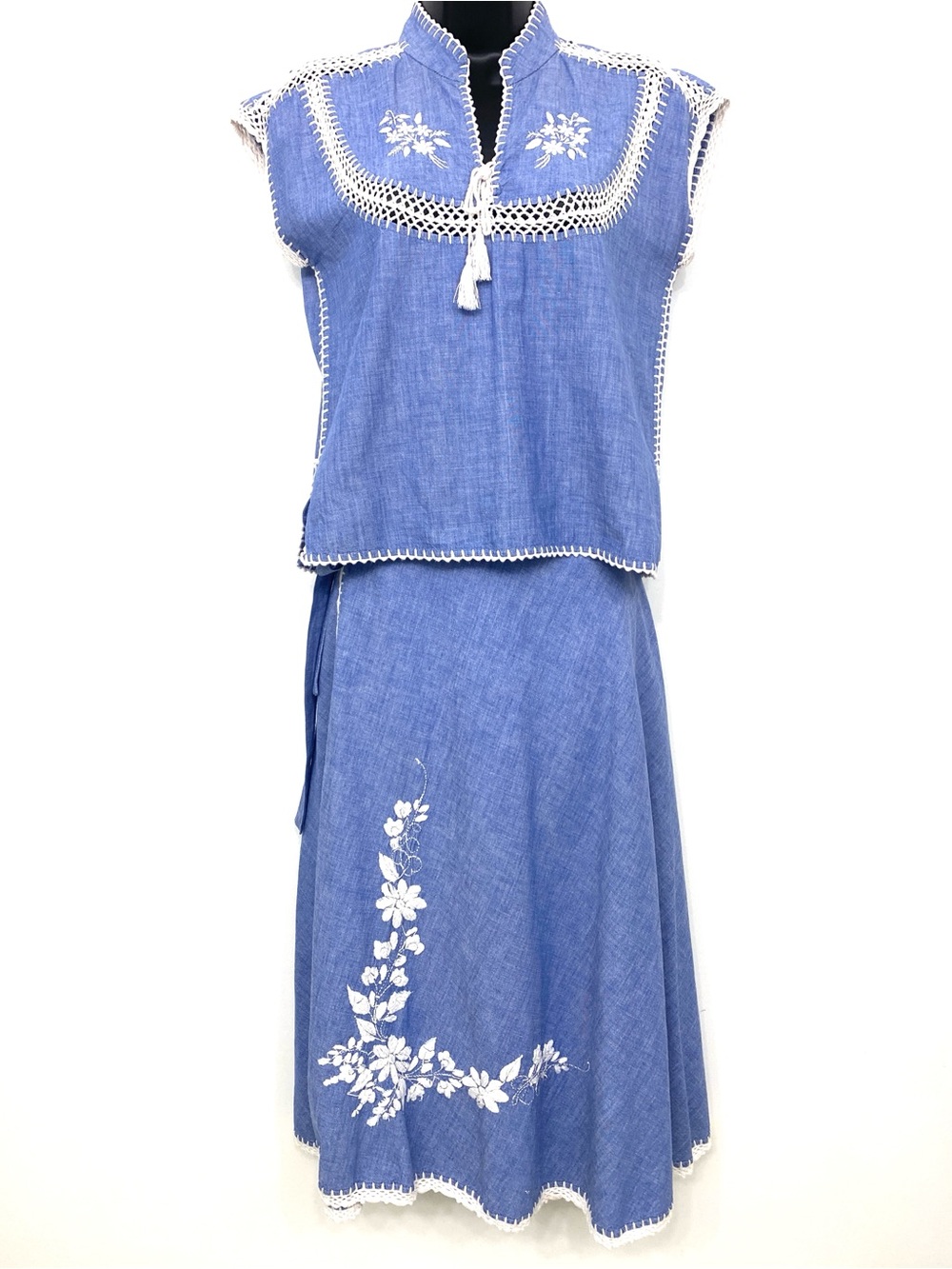 Vintage 2 Piece Top and Wrap Skirt Set Blue Embroidered Cotton Folk Boho XS S